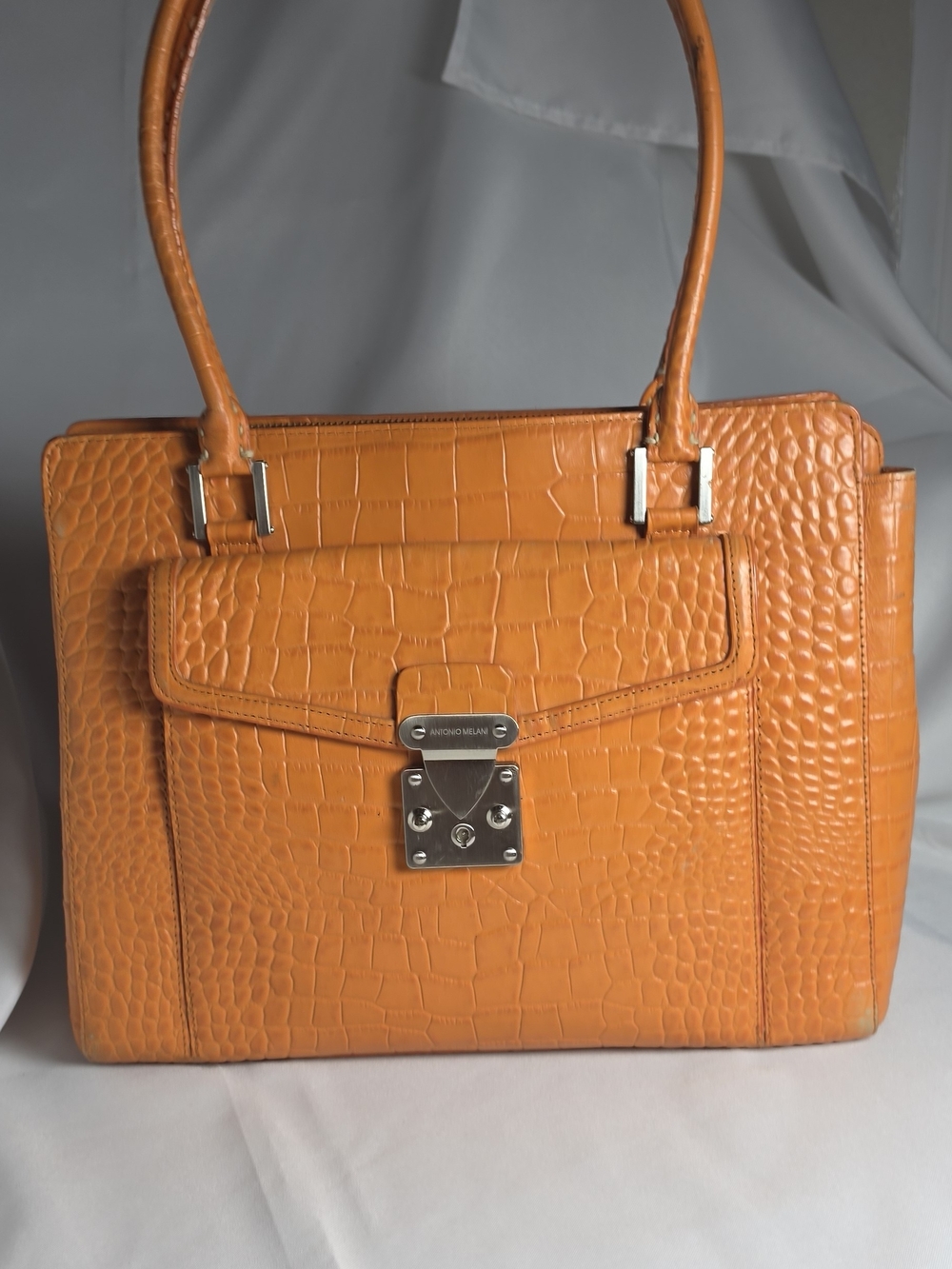 Antonio Melani Orange Embossed Leather Shoulder Bag Large 3 Compartment
